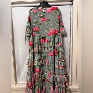 Floral Ruffle Tiered Midi Dress in Sage and Pink